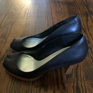 Black Leather Peep Toe Heels